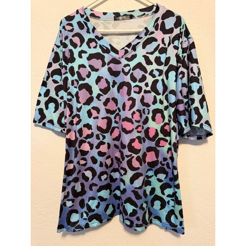 QCIV Womens 3XL Leopard Print V-Neck Short Sleeve Top Pastel Gradient Blue Pink
